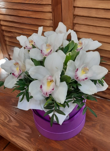 Композиция в шляпной коробке из цимбидиума «Изабель» от интернет-магазина цветов в 